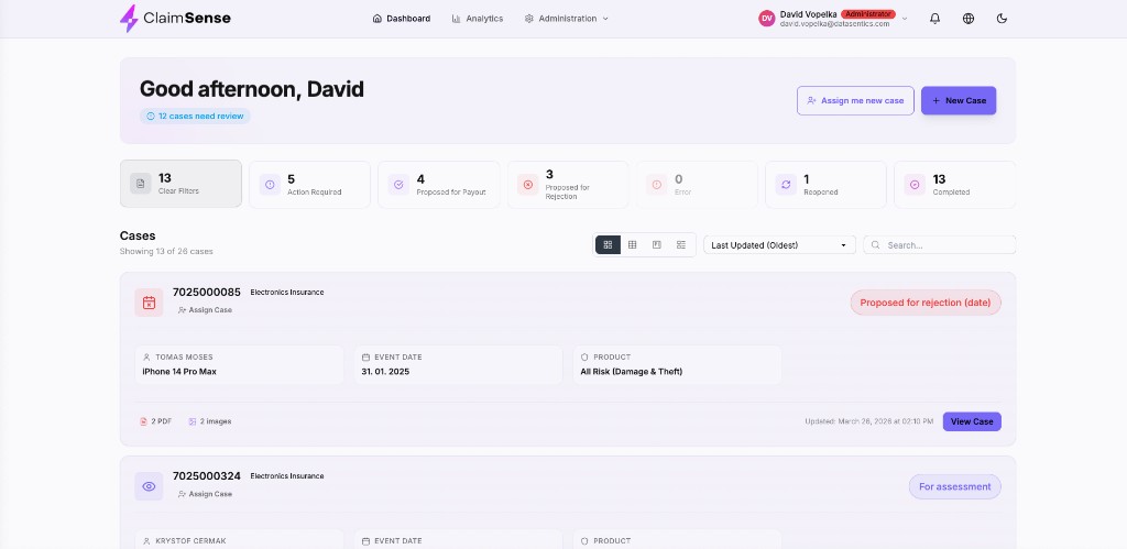 Claims dashboard with AI-proposed case statuses